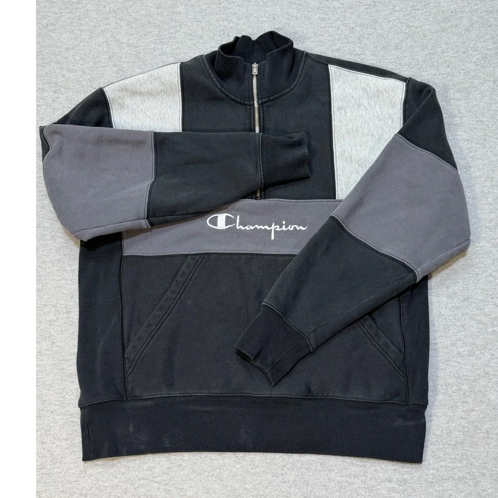Champion Reverse Weave Quarter Zip Sweatshirt Mens Large Black Grey Colorblock
